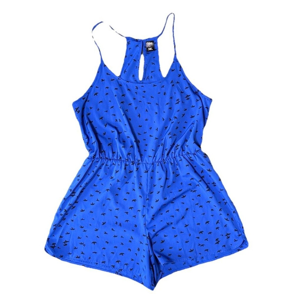 City Streets Women’s Blue Romper Bird Pattern Racerback Boho Casual Beachwear Lg